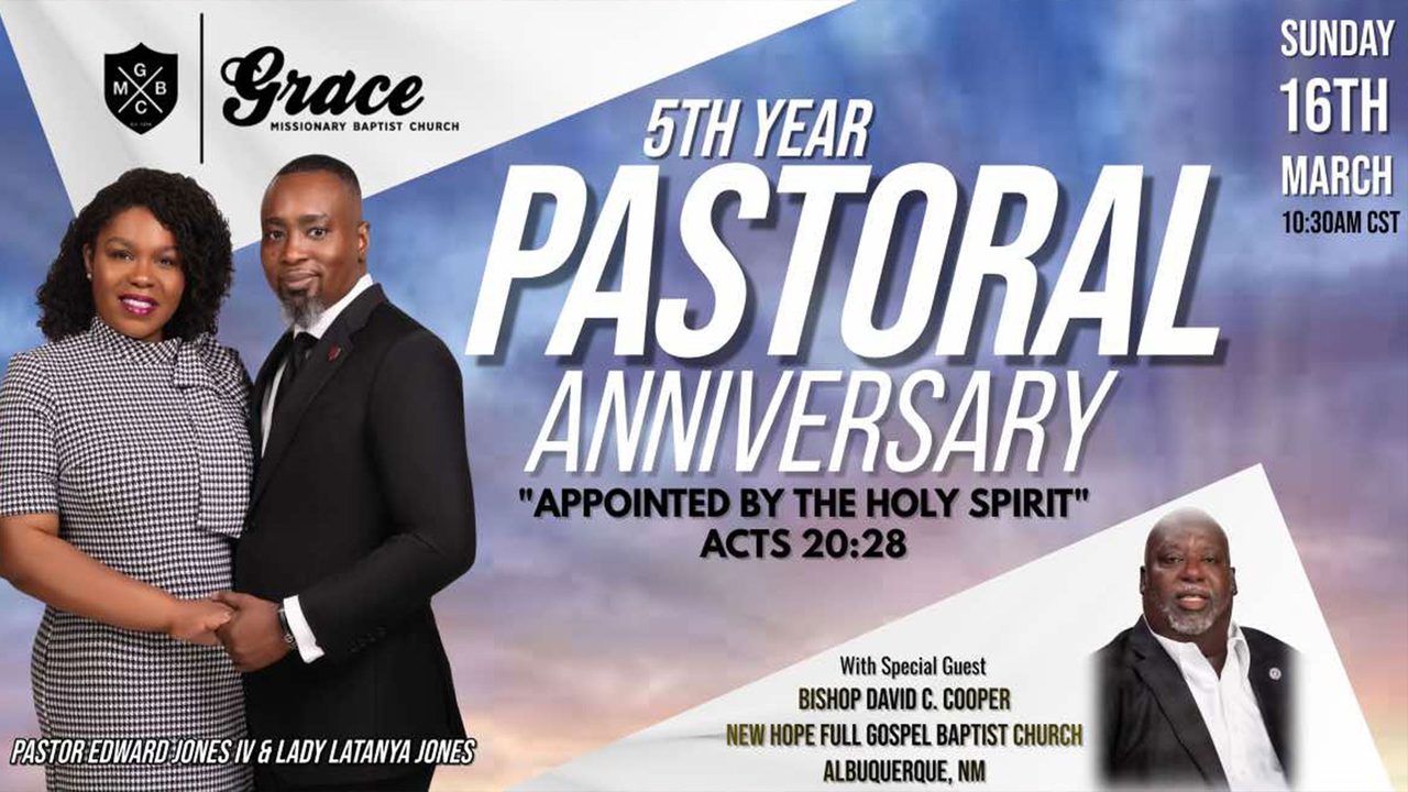Flyer for the 5th Year Pastoral Anniversary of Bishop Dr. Edward Jones, IV and Lady La Tanya Jones, with special guest Bishop David C. Cooper