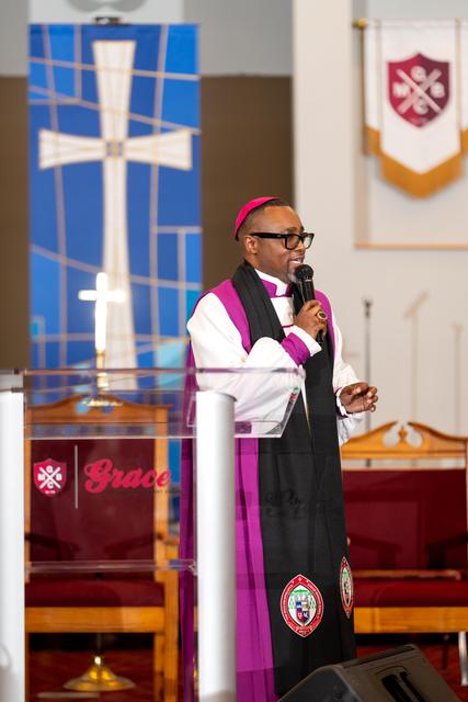 Bishop Jones speaking from the pulpit